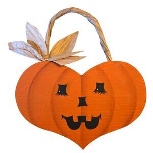 Vtg 80s Hand Painted Wood Heart Jack O Lantern Pumpkin Halloween Hanging Decor